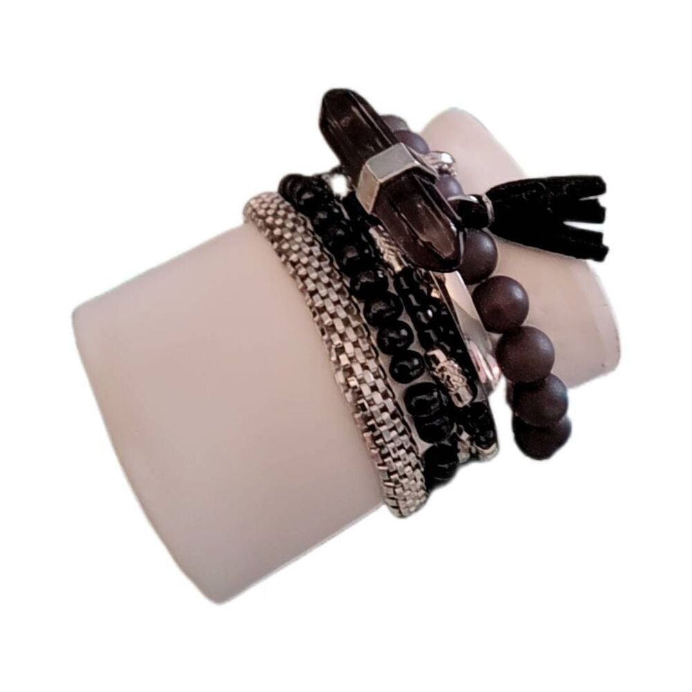 New Trendy Set of (6) Black Beads & Silver Stretch Stack Bracelet Set